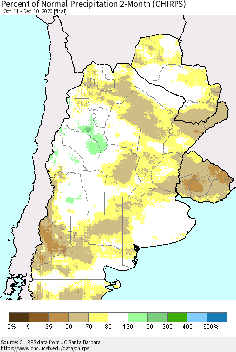 Southern South America Percent of Normal Precipitation 2-Month (CHIRPS) Thematic Map For 10/11/2020 - 12/10/2020