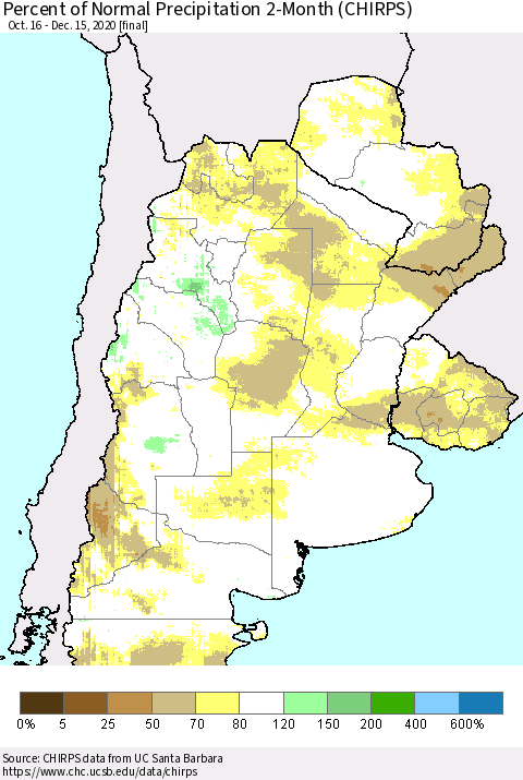 Southern South America Percent of Normal Precipitation 2-Month (CHIRPS) Thematic Map For 10/16/2020 - 12/15/2020