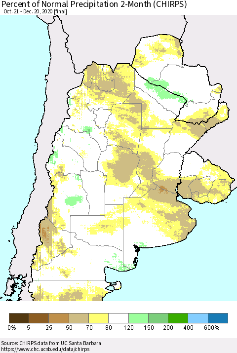 Southern South America Percent of Normal Precipitation 2-Month (CHIRPS) Thematic Map For 10/21/2020 - 12/20/2020
