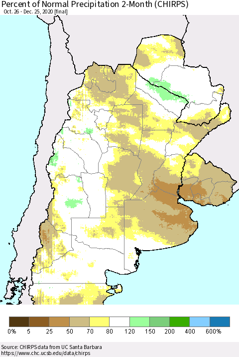 Southern South America Percent of Normal Precipitation 2-Month (CHIRPS) Thematic Map For 10/26/2020 - 12/25/2020