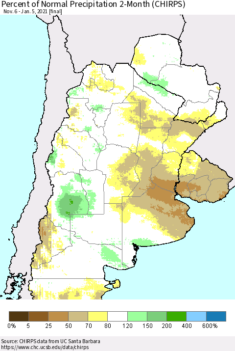 Southern South America Percent of Normal Precipitation 2-Month (CHIRPS) Thematic Map For 11/6/2020 - 1/5/2021