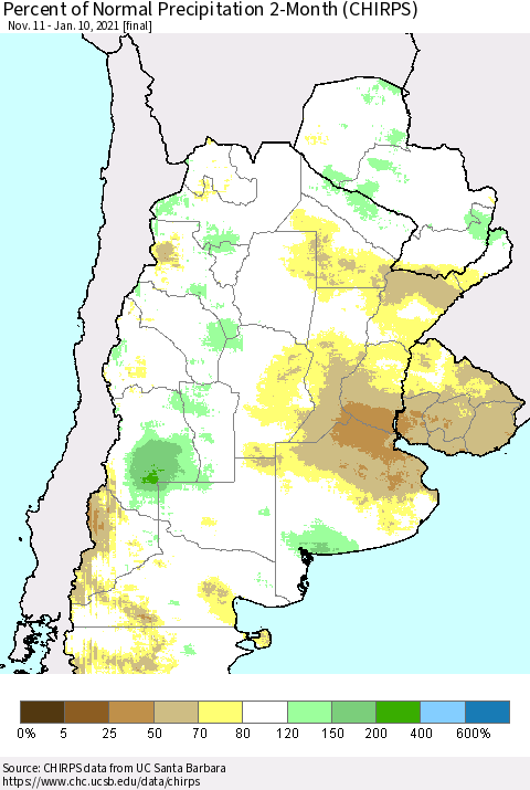 Southern South America Percent of Normal Precipitation 2-Month (CHIRPS) Thematic Map For 11/11/2020 - 1/10/2021