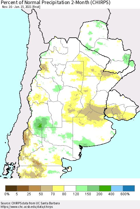 Southern South America Percent of Normal Precipitation 2-Month (CHIRPS) Thematic Map For 11/16/2020 - 1/15/2021