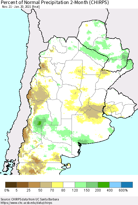Southern South America Percent of Normal Precipitation 2-Month (CHIRPS) Thematic Map For 11/21/2020 - 1/20/2021