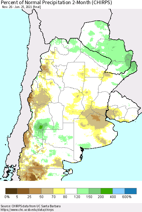 Southern South America Percent of Normal Precipitation 2-Month (CHIRPS) Thematic Map For 11/26/2020 - 1/25/2021