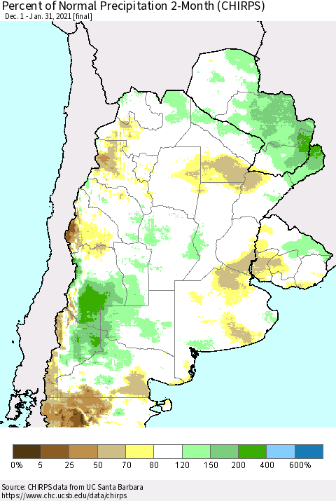 Southern South America Percent of Normal Precipitation 2-Month (CHIRPS) Thematic Map For 12/1/2020 - 1/31/2021