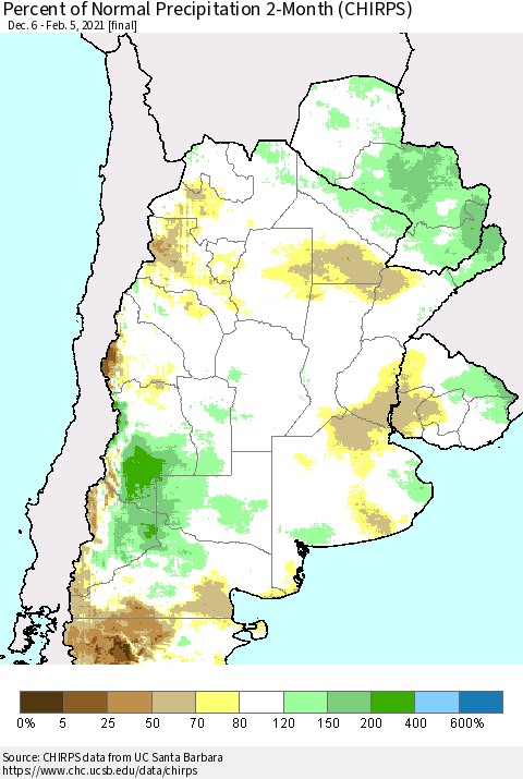 Southern South America Percent of Normal Precipitation 2-Month (CHIRPS) Thematic Map For 12/6/2020 - 2/5/2021