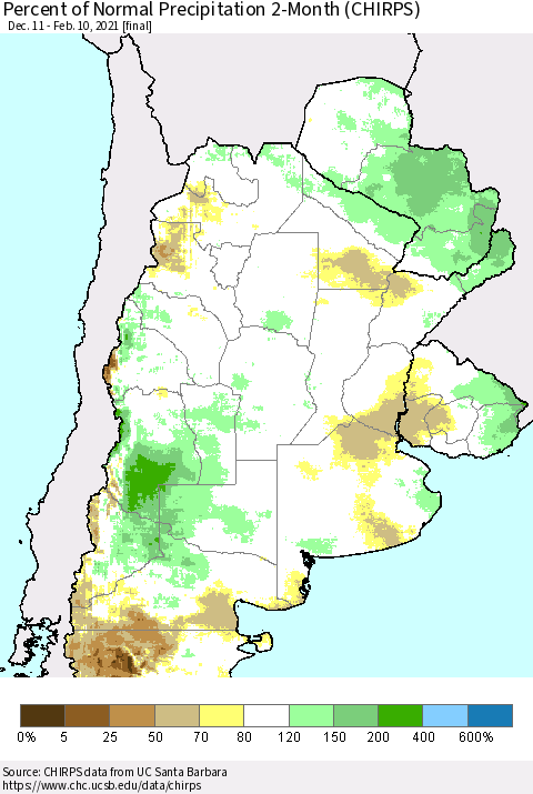 Southern South America Percent of Normal Precipitation 2-Month (CHIRPS) Thematic Map For 12/11/2020 - 2/10/2021