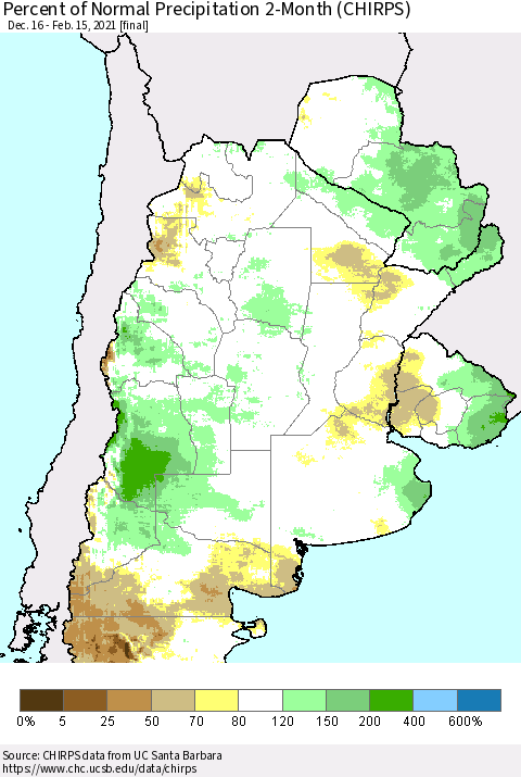 Southern South America Percent of Normal Precipitation 2-Month (CHIRPS) Thematic Map For 12/16/2020 - 2/15/2021