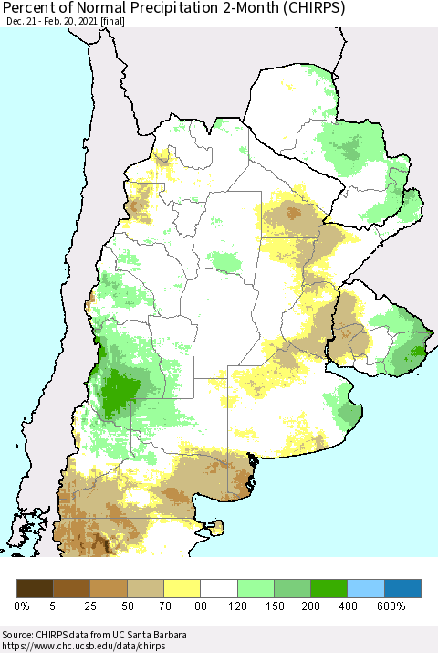 Southern South America Percent of Normal Precipitation 2-Month (CHIRPS) Thematic Map For 12/21/2020 - 2/20/2021