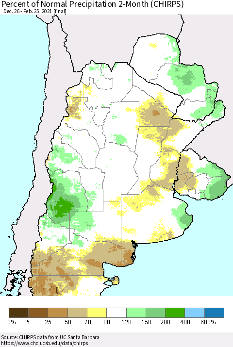 Southern South America Percent of Normal Precipitation 2-Month (CHIRPS) Thematic Map For 12/26/2020 - 2/25/2021