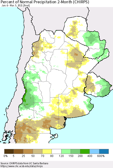 Southern South America Percent of Normal Precipitation 2-Month (CHIRPS) Thematic Map For 1/6/2021 - 3/5/2021