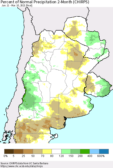 Southern South America Percent of Normal Precipitation 2-Month (CHIRPS) Thematic Map For 1/11/2021 - 3/10/2021