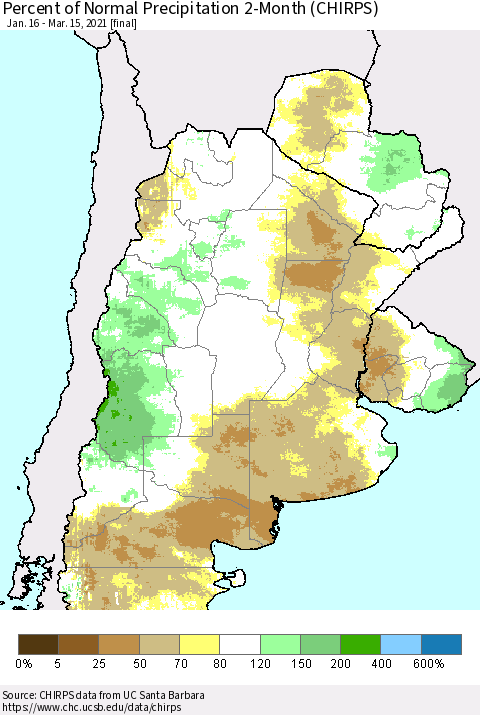 Southern South America Percent of Normal Precipitation 2-Month (CHIRPS) Thematic Map For 1/16/2021 - 3/15/2021