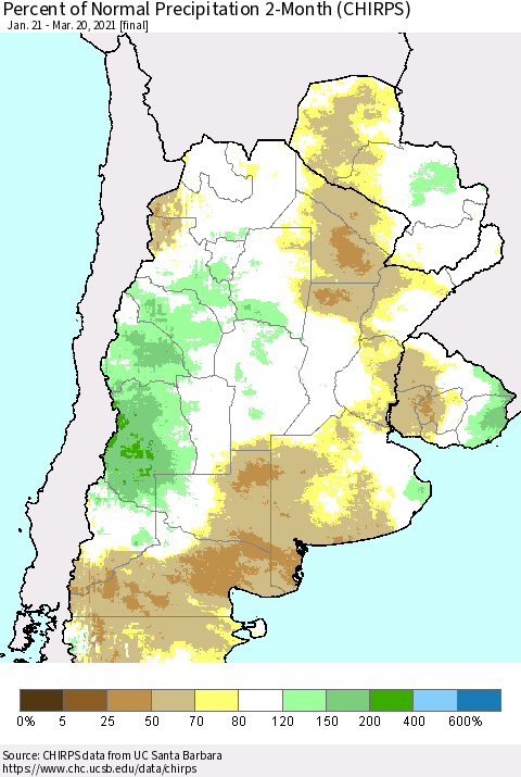 Southern South America Percent of Normal Precipitation 2-Month (CHIRPS) Thematic Map For 1/21/2021 - 3/20/2021