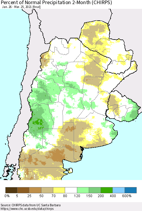 Southern South America Percent of Normal Precipitation 2-Month (CHIRPS) Thematic Map For 1/26/2021 - 3/25/2021