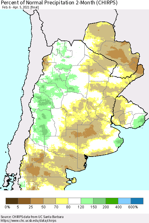 Southern South America Percent of Normal Precipitation 2-Month (CHIRPS) Thematic Map For 2/6/2021 - 4/5/2021