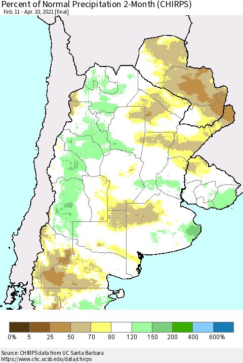 Southern South America Percent of Normal Precipitation 2-Month (CHIRPS) Thematic Map For 2/11/2021 - 4/10/2021