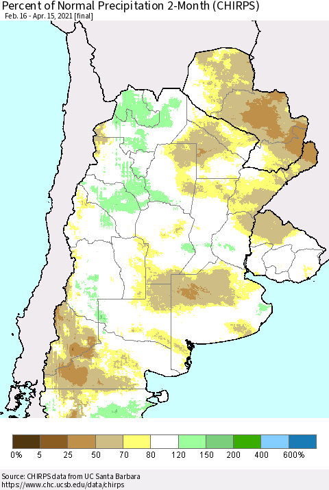 Southern South America Percent of Normal Precipitation 2-Month (CHIRPS) Thematic Map For 2/16/2021 - 4/15/2021