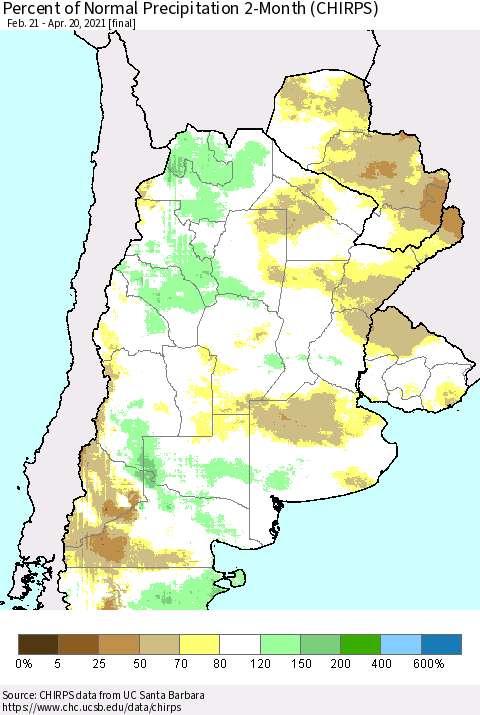 Southern South America Percent of Normal Precipitation 2-Month (CHIRPS) Thematic Map For 2/21/2021 - 4/20/2021