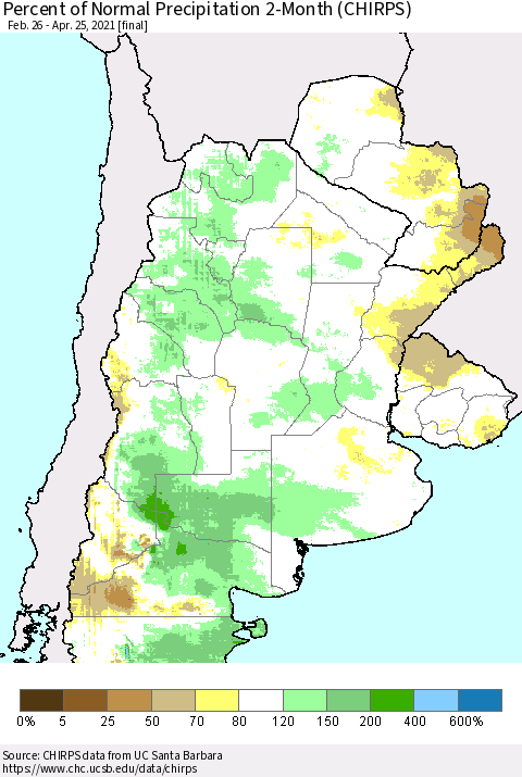 Southern South America Percent of Normal Precipitation 2-Month (CHIRPS) Thematic Map For 2/26/2021 - 4/25/2021