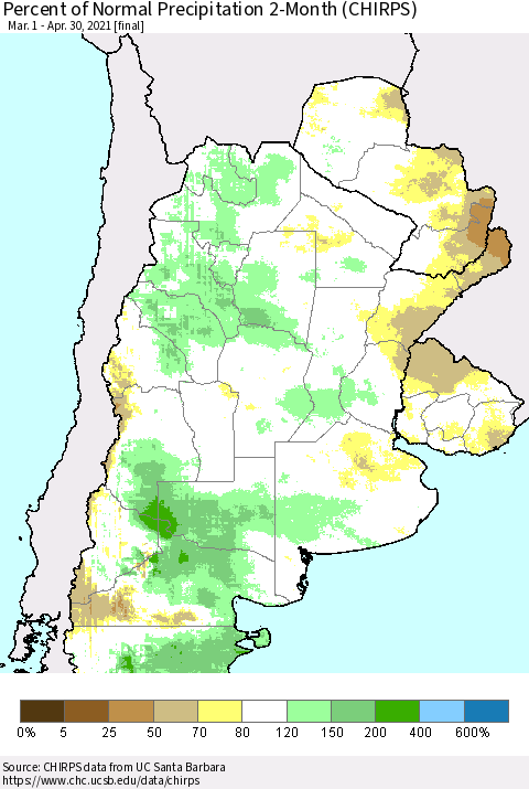 Southern South America Percent of Normal Precipitation 2-Month (CHIRPS) Thematic Map For 3/1/2021 - 4/30/2021