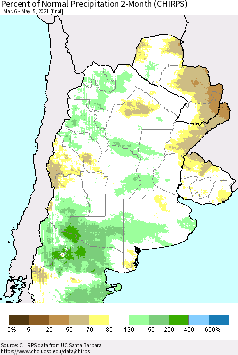 Southern South America Percent of Normal Precipitation 2-Month (CHIRPS) Thematic Map For 3/6/2021 - 5/5/2021