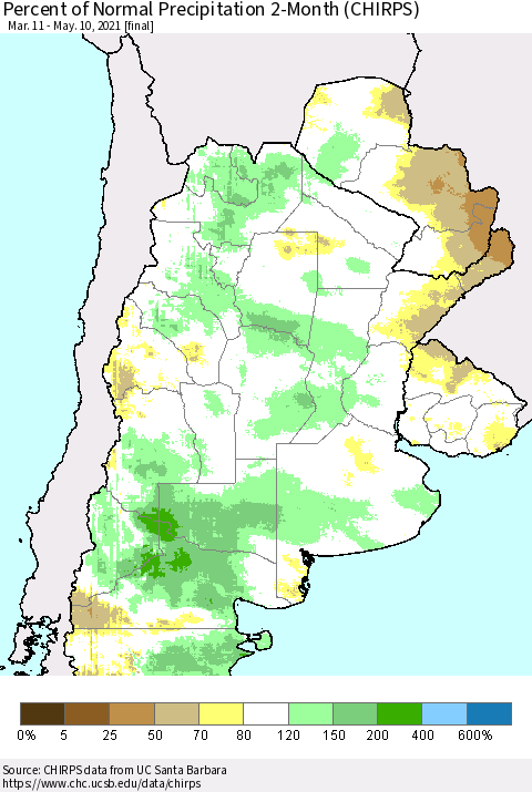 Southern South America Percent of Normal Precipitation 2-Month (CHIRPS) Thematic Map For 3/11/2021 - 5/10/2021