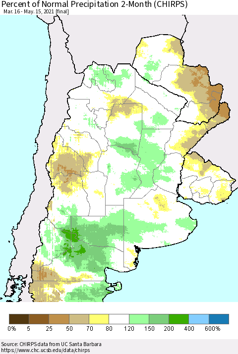 Southern South America Percent of Normal Precipitation 2-Month (CHIRPS) Thematic Map For 3/16/2021 - 5/15/2021