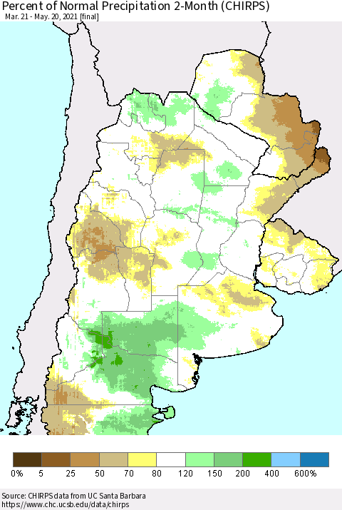 Southern South America Percent of Normal Precipitation 2-Month (CHIRPS) Thematic Map For 3/21/2021 - 5/20/2021