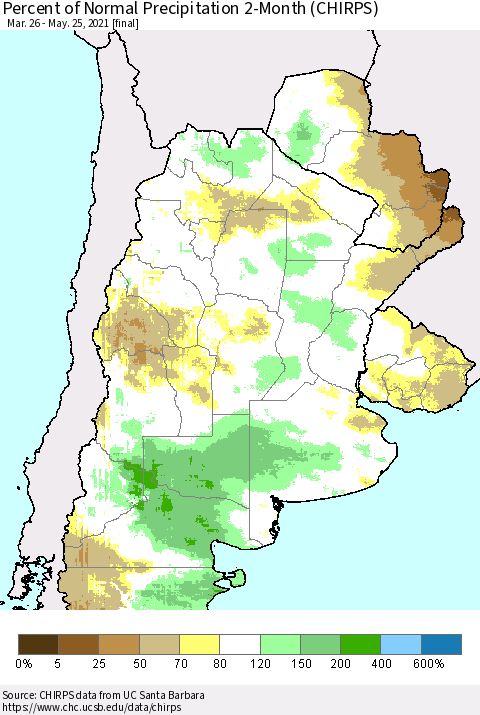 Southern South America Percent of Normal Precipitation 2-Month (CHIRPS) Thematic Map For 3/26/2021 - 5/25/2021