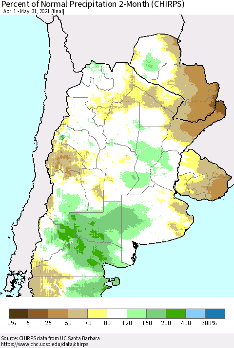Southern South America Percent of Normal Precipitation 2-Month (CHIRPS) Thematic Map For 4/1/2021 - 5/31/2021