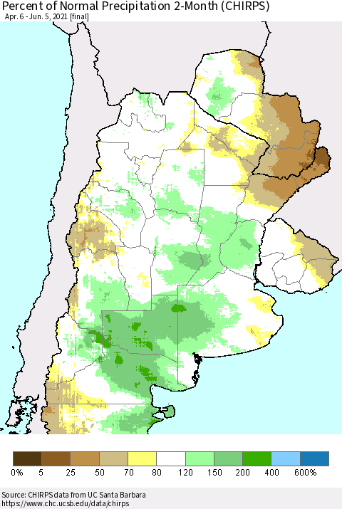 Southern South America Percent of Normal Precipitation 2-Month (CHIRPS) Thematic Map For 4/6/2021 - 6/5/2021