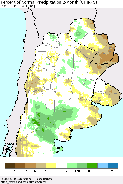 Southern South America Percent of Normal Precipitation 2-Month (CHIRPS) Thematic Map For 4/11/2021 - 6/10/2021