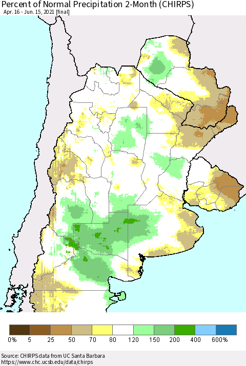 Southern South America Percent of Normal Precipitation 2-Month (CHIRPS) Thematic Map For 4/16/2021 - 6/15/2021