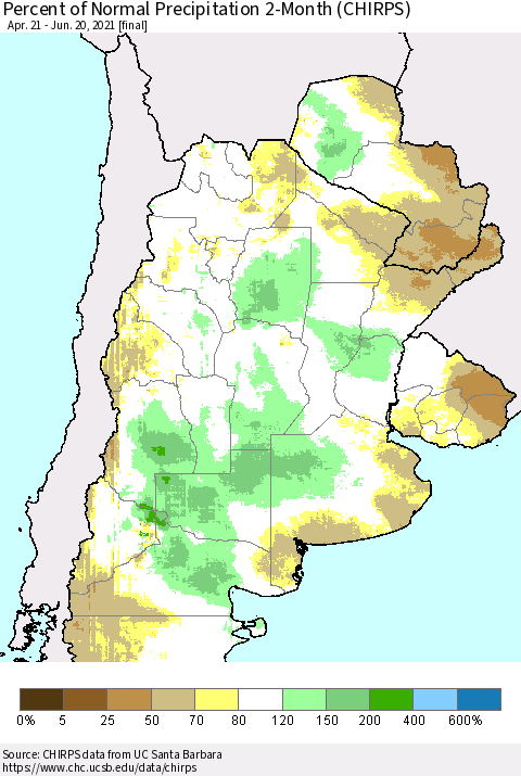 Southern South America Percent of Normal Precipitation 2-Month (CHIRPS) Thematic Map For 4/21/2021 - 6/20/2021
