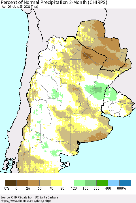 Southern South America Percent of Normal Precipitation 2-Month (CHIRPS) Thematic Map For 4/26/2021 - 6/25/2021