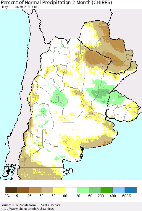 Southern South America Percent of Normal Precipitation 2-Month (CHIRPS) Thematic Map For 5/1/2021 - 6/30/2021