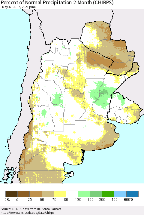 Southern South America Percent of Normal Precipitation 2-Month (CHIRPS) Thematic Map For 5/6/2021 - 7/5/2021