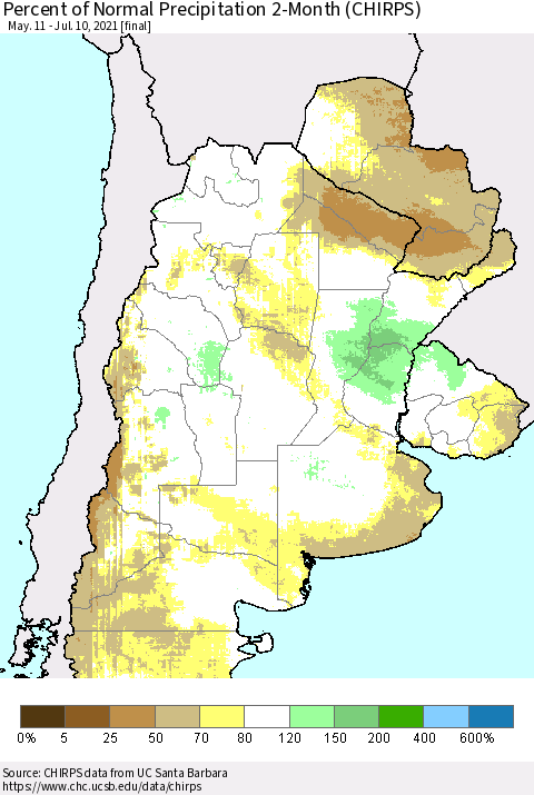 Southern South America Percent of Normal Precipitation 2-Month (CHIRPS) Thematic Map For 5/11/2021 - 7/10/2021