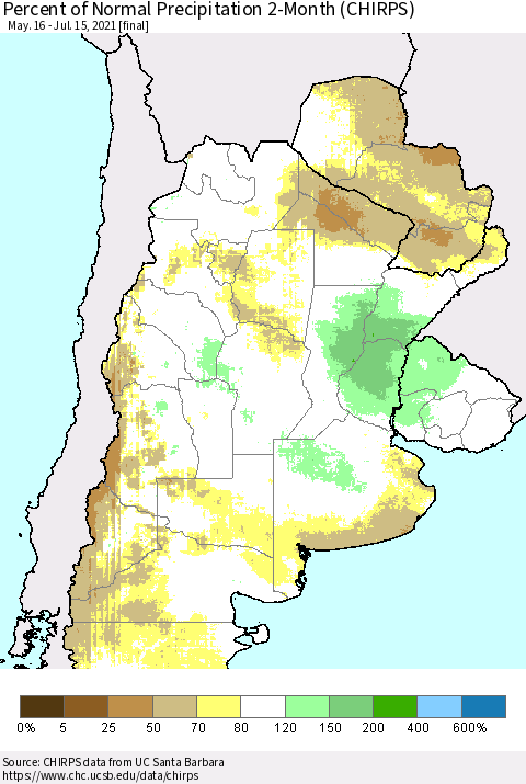 Southern South America Percent of Normal Precipitation 2-Month (CHIRPS) Thematic Map For 5/16/2021 - 7/15/2021