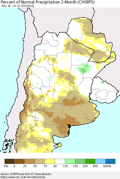 Southern South America Percent of Normal Precipitation 2-Month (CHIRPS) Thematic Map For 5/26/2021 - 7/25/2021