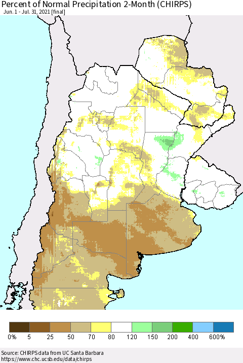 Southern South America Percent of Normal Precipitation 2-Month (CHIRPS) Thematic Map For 6/1/2021 - 7/31/2021