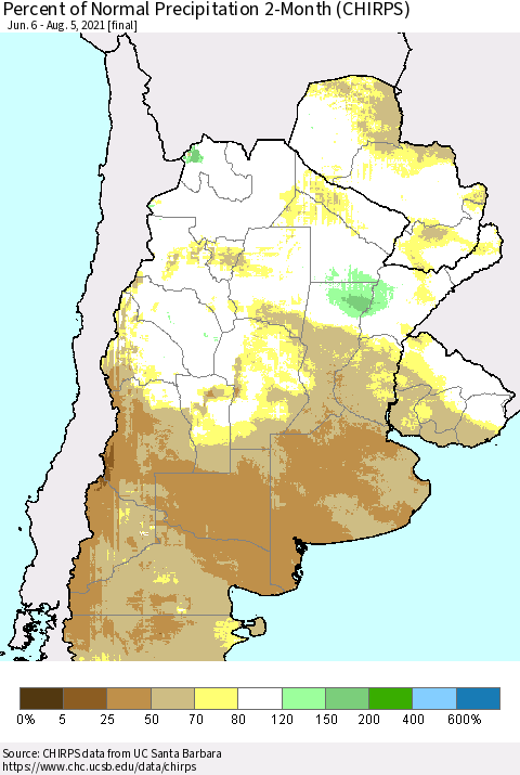 Southern South America Percent of Normal Precipitation 2-Month (CHIRPS) Thematic Map For 6/6/2021 - 8/5/2021