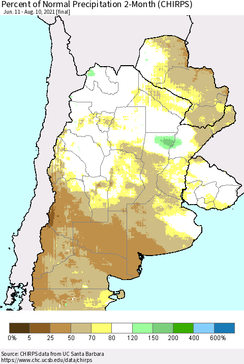 Southern South America Percent of Normal Precipitation 2-Month (CHIRPS) Thematic Map For 6/11/2021 - 8/10/2021