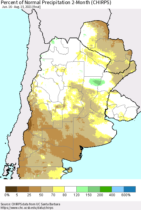 Southern South America Percent of Normal Precipitation 2-Month (CHIRPS) Thematic Map For 6/16/2021 - 8/15/2021