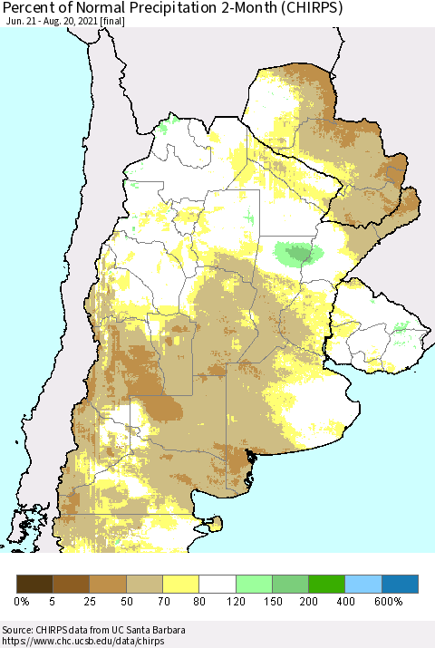 Southern South America Percent of Normal Precipitation 2-Month (CHIRPS) Thematic Map For 6/21/2021 - 8/20/2021