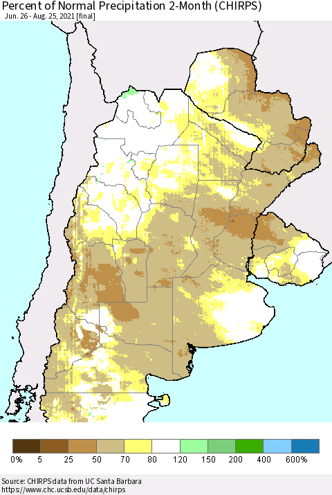 Southern South America Percent of Normal Precipitation 2-Month (CHIRPS) Thematic Map For 6/26/2021 - 8/25/2021