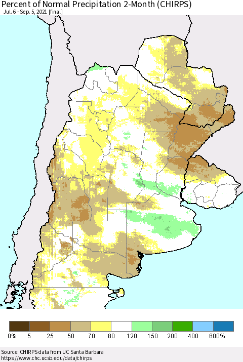 Southern South America Percent of Normal Precipitation 2-Month (CHIRPS) Thematic Map For 7/6/2021 - 9/5/2021