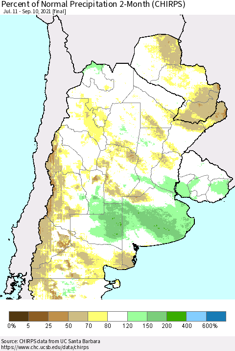 Southern South America Percent of Normal Precipitation 2-Month (CHIRPS) Thematic Map For 7/11/2021 - 9/10/2021